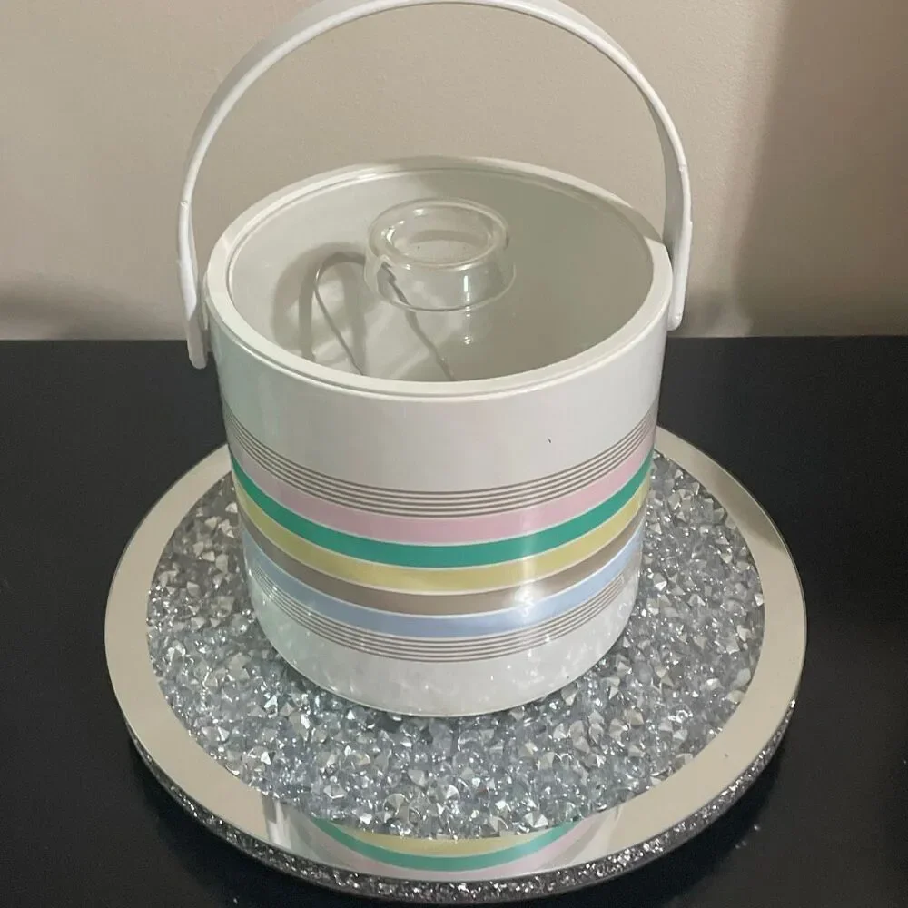 Phoenix vintage 1980s pastel striped insulated ice bucket with metal tongs